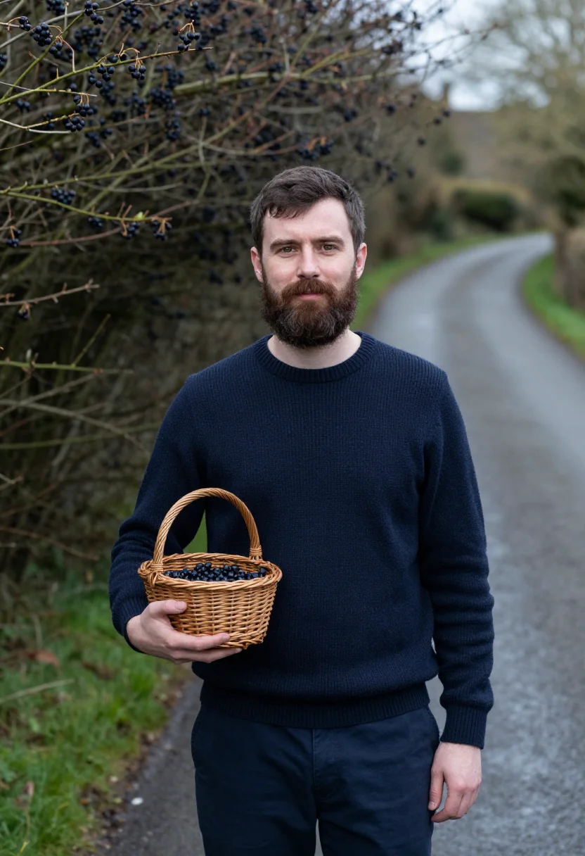 AI hedgerow sloe picking navy sample — portrait of a man, framed chest-up, cropped at the ribs, the