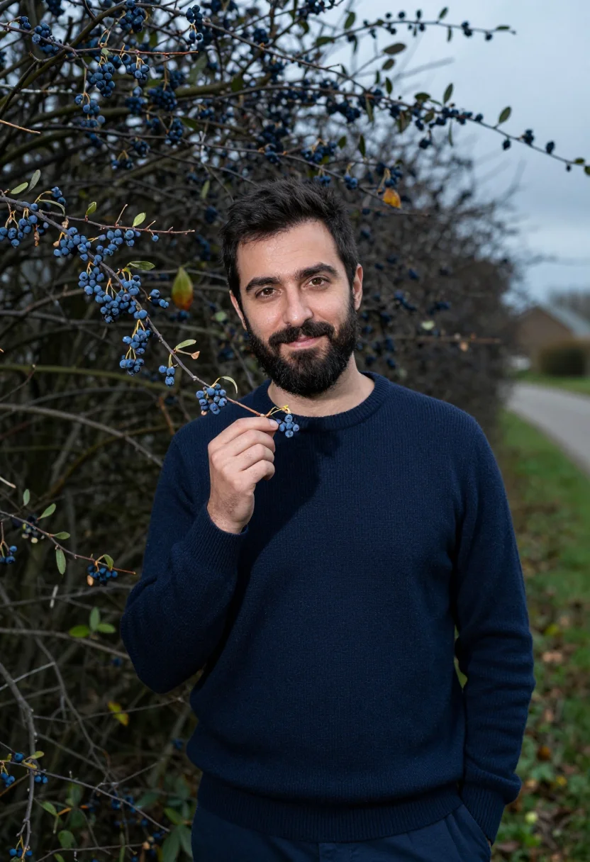 AI hedgerow sloe picking navy sample — portrait of a man, framed chest-up, cropped at the ribs, the