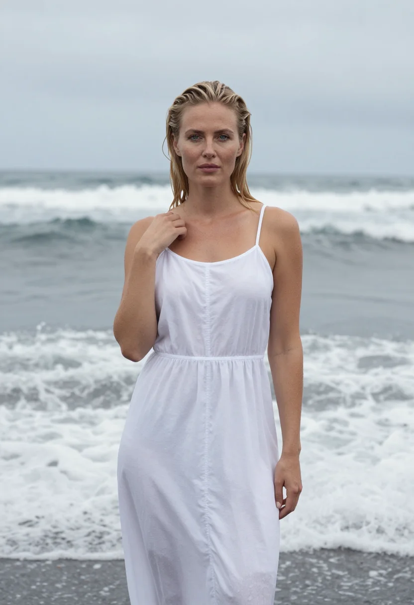 AI helena christensen wicked game beach white sample — portrait of a woman, a Swedish model in her mid-thirties wit