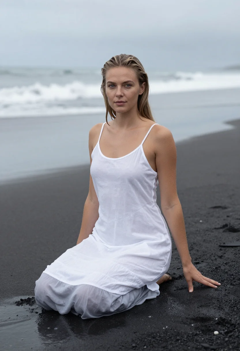 AI helena christensen wicked game beach white sample — portrait of a woman, a Dutch model in her mid-twenties with
