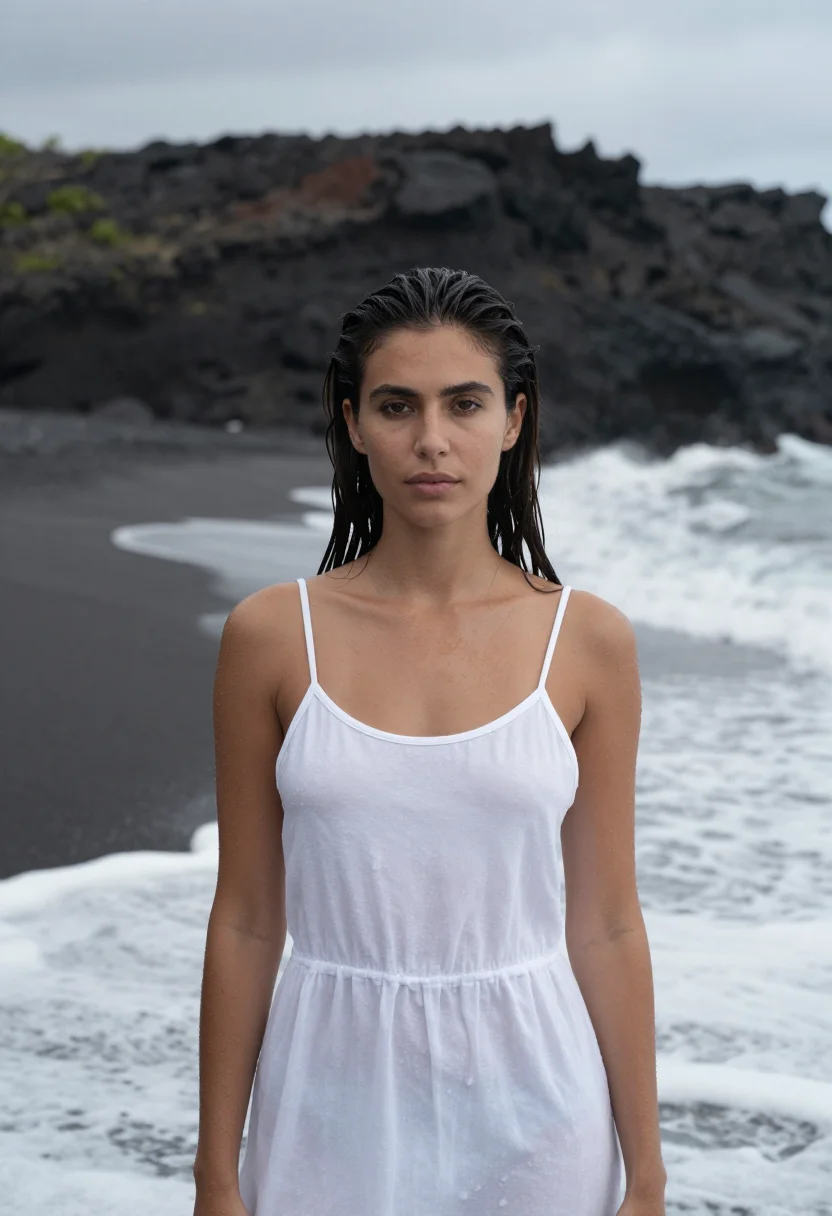 AI helena christensen wicked game beach white sample — portrait of a woman, an Italian model in her late twenties w