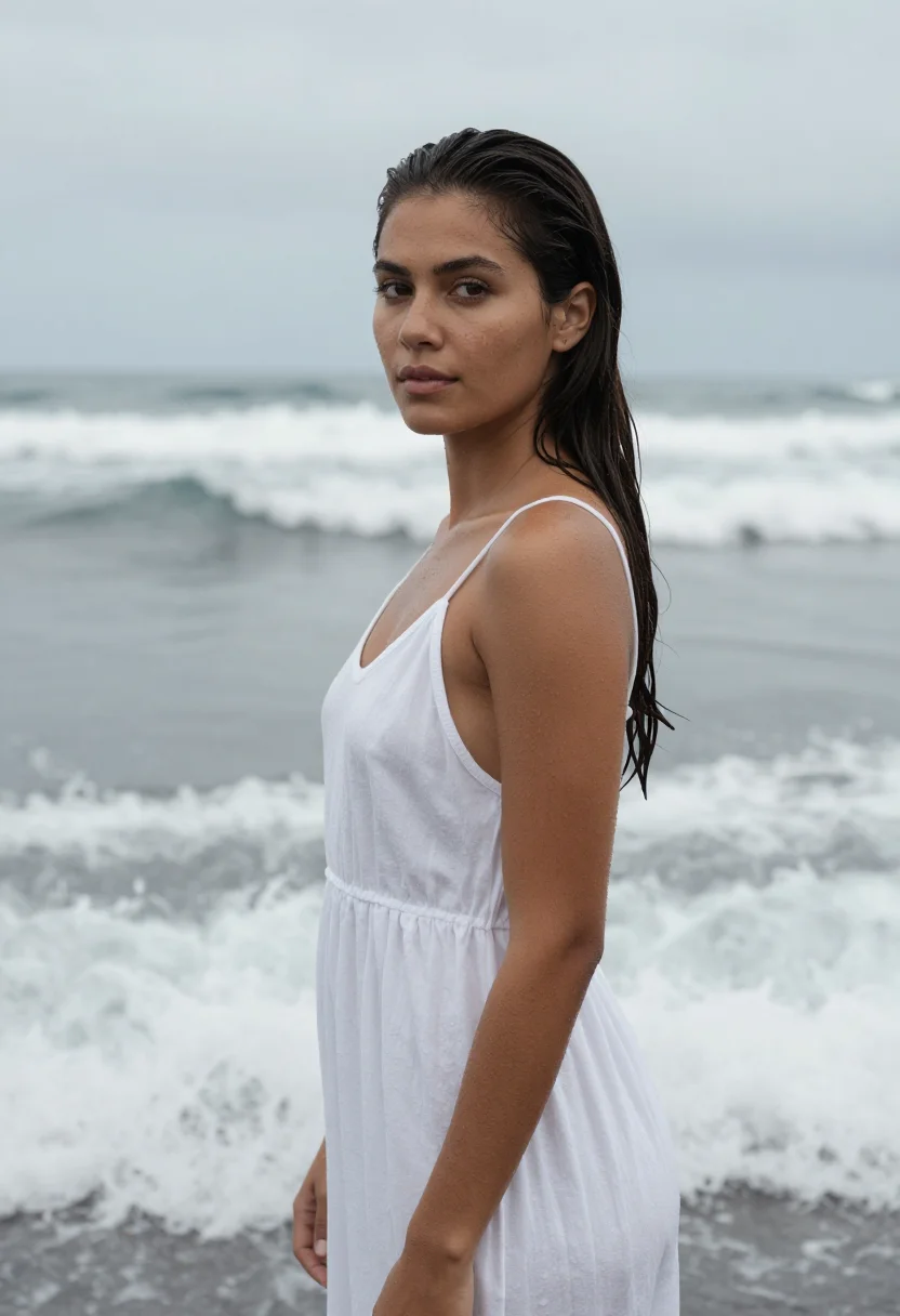 AI helena christensen wicked game beach white sample — portrait of a woman, a Peruvian model in her early thirties