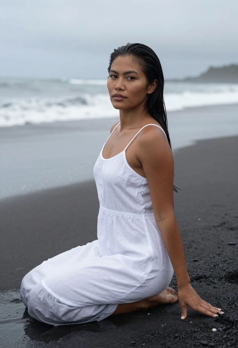 AI helena christensen wicked game beach white sample — portrait of a woman, a Native Hawaiian model in her early th