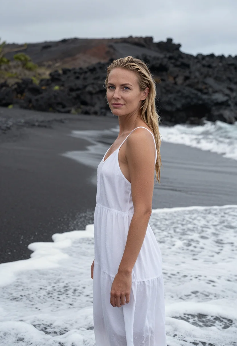 AI helena christensen wicked game beach white sample — portrait of a woman, a Norwegian model in her early forties