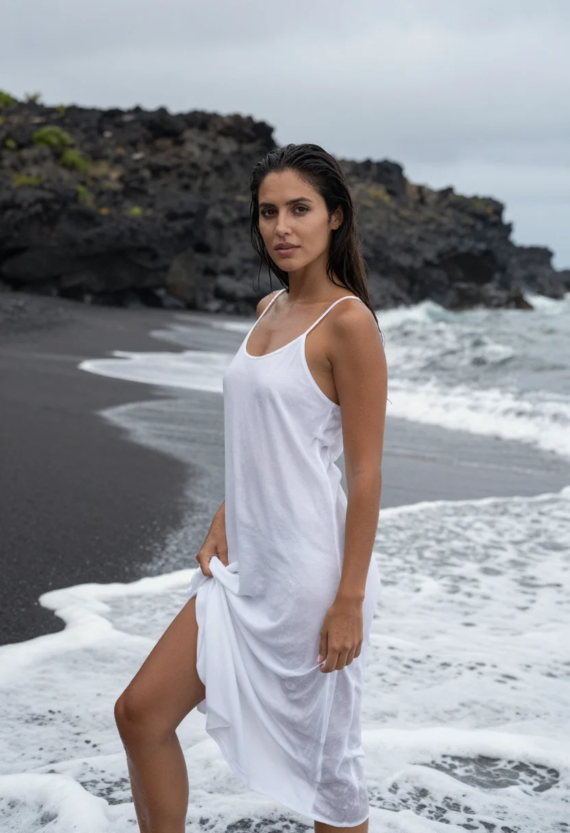 AI helena christensen wicked game beach white sample — portrait of a woman, a Spanish model in her early thirties w