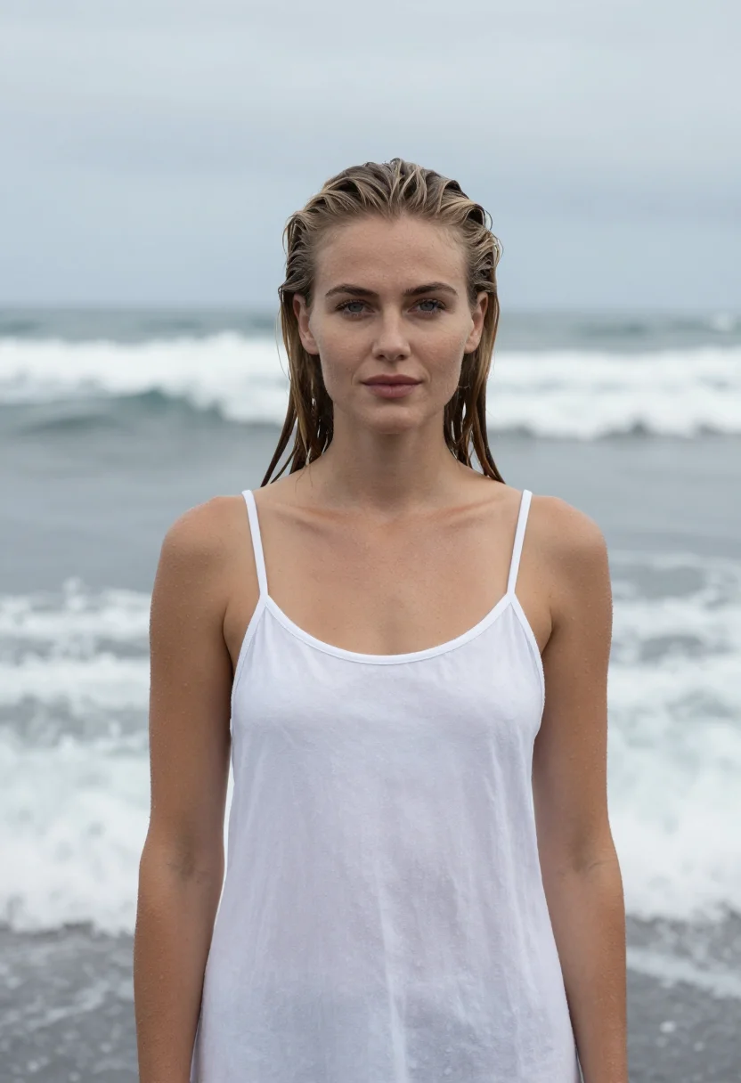 AI helena christensen wicked game beach white sample — portrait of a woman, a Danish model in her late twenties wit