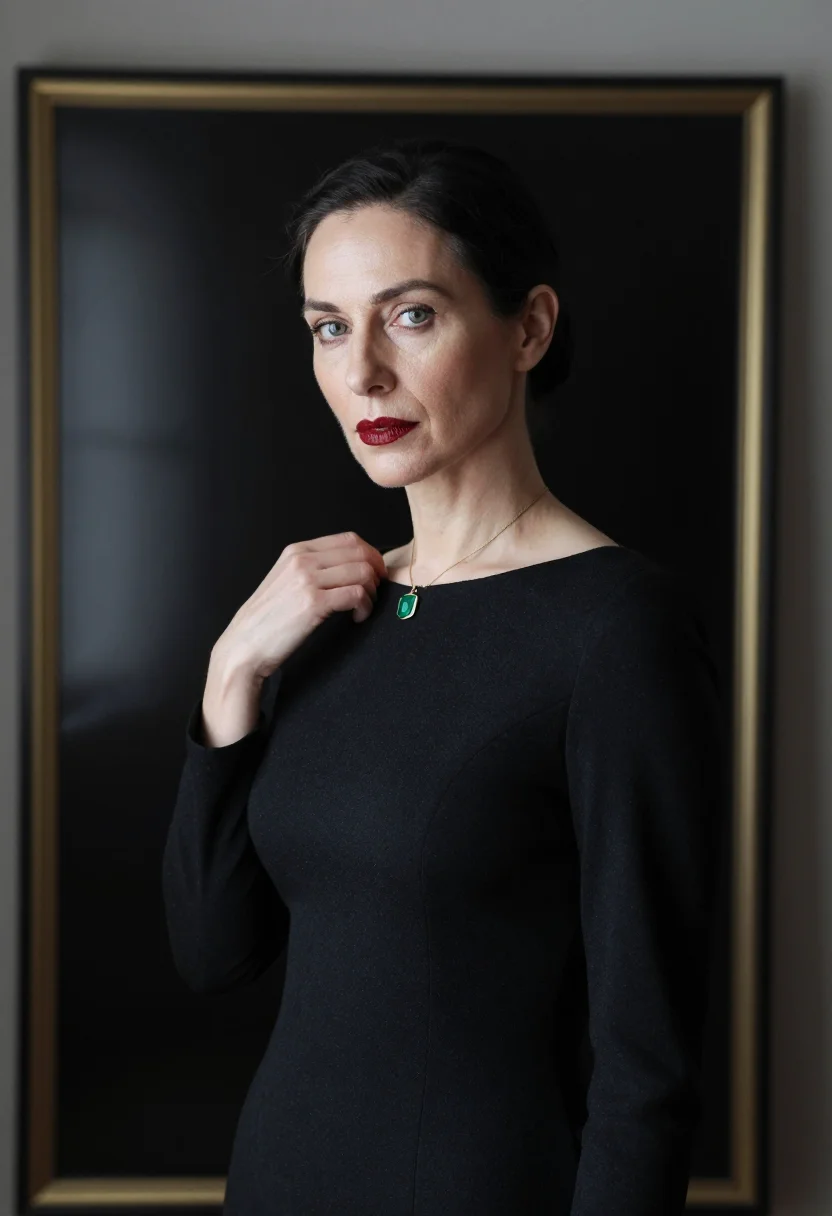 AI helena rubinstein quai de bethune black sample — portrait of a woman, framed chest-up, cropped at the ribs, t