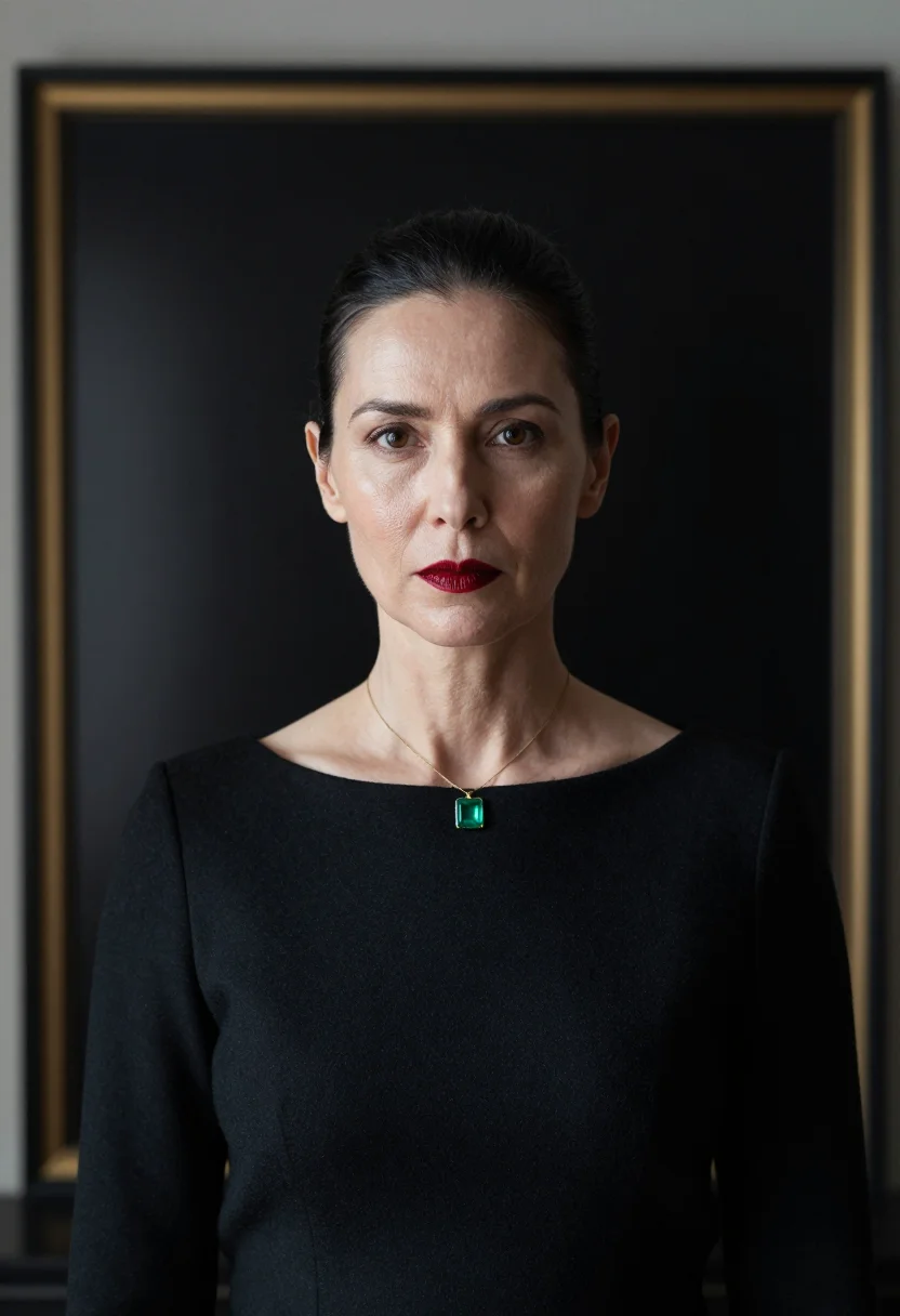 AI helena rubinstein quai de bethune black sample — portrait of a woman, framed tight, head and shoulders, the b
