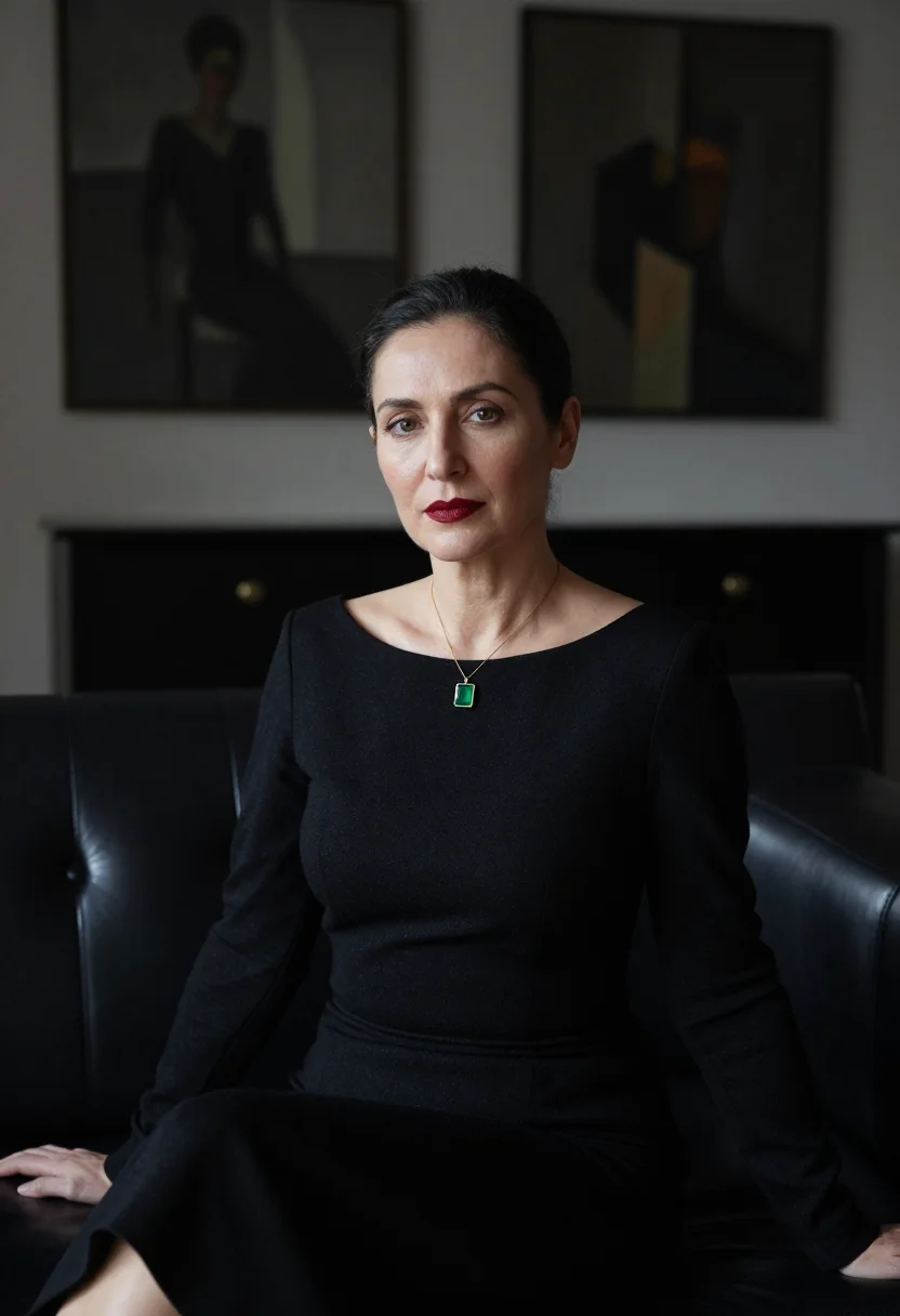 AI helena rubinstein quai de bethune black sample — portrait of a woman, framed tight, head and shoulders, the b