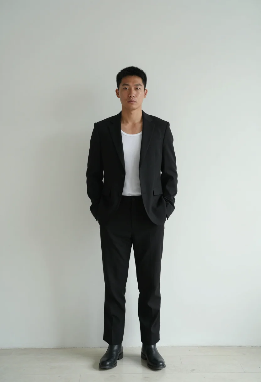 AI helmut lang sample — full-length portrait of an East-Asian man in his late twenti