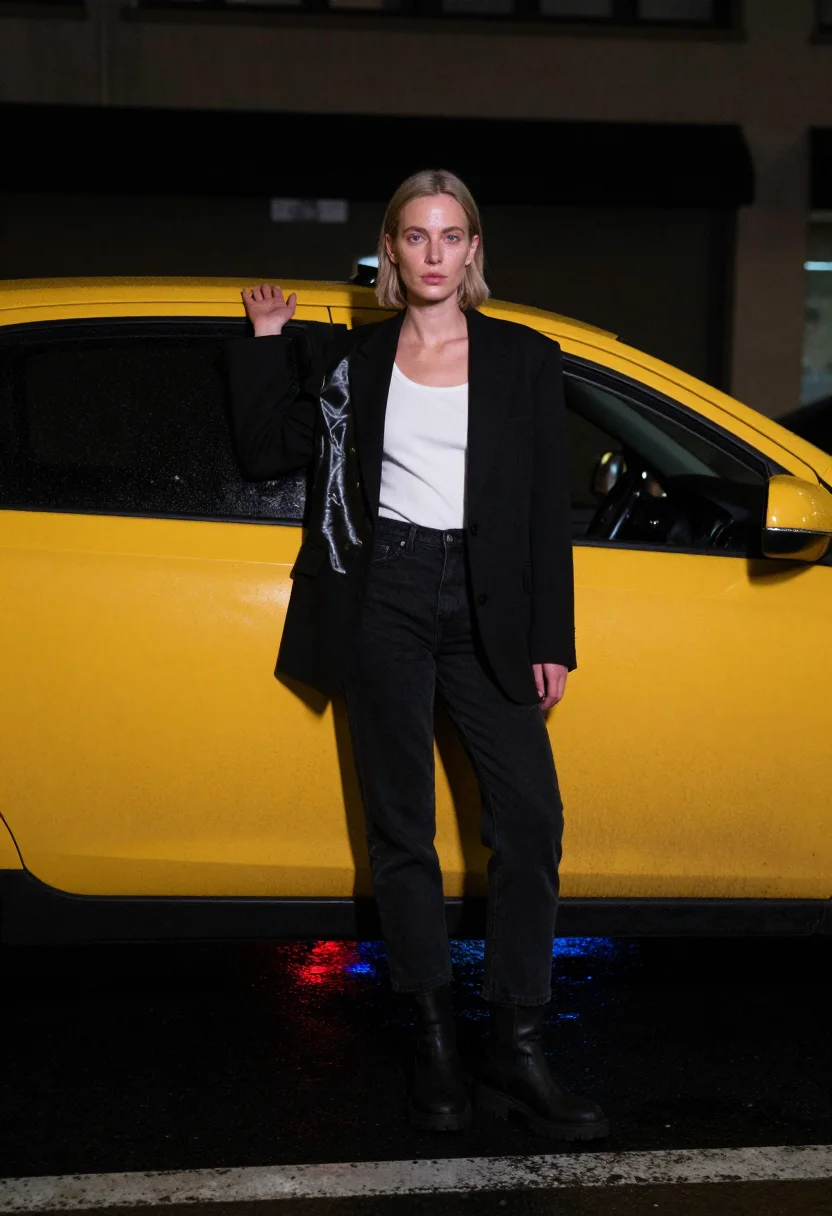 AI helmut lang sample — full-length wide portrait of a Western-European woman in her