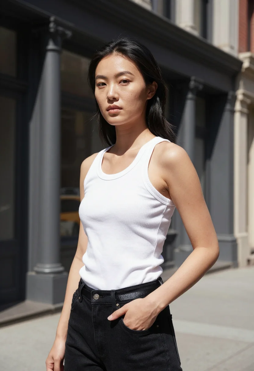 AI helmut lang sample — chest-up portrait of an East-Asian woman in her mid-twenties