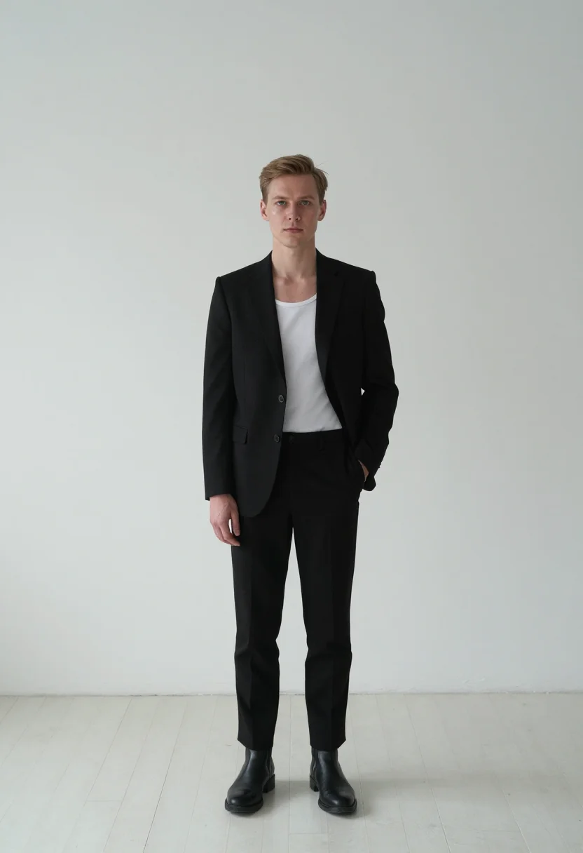 AI helmut lang sample — full-length wide portrait of a Western-European man in his m