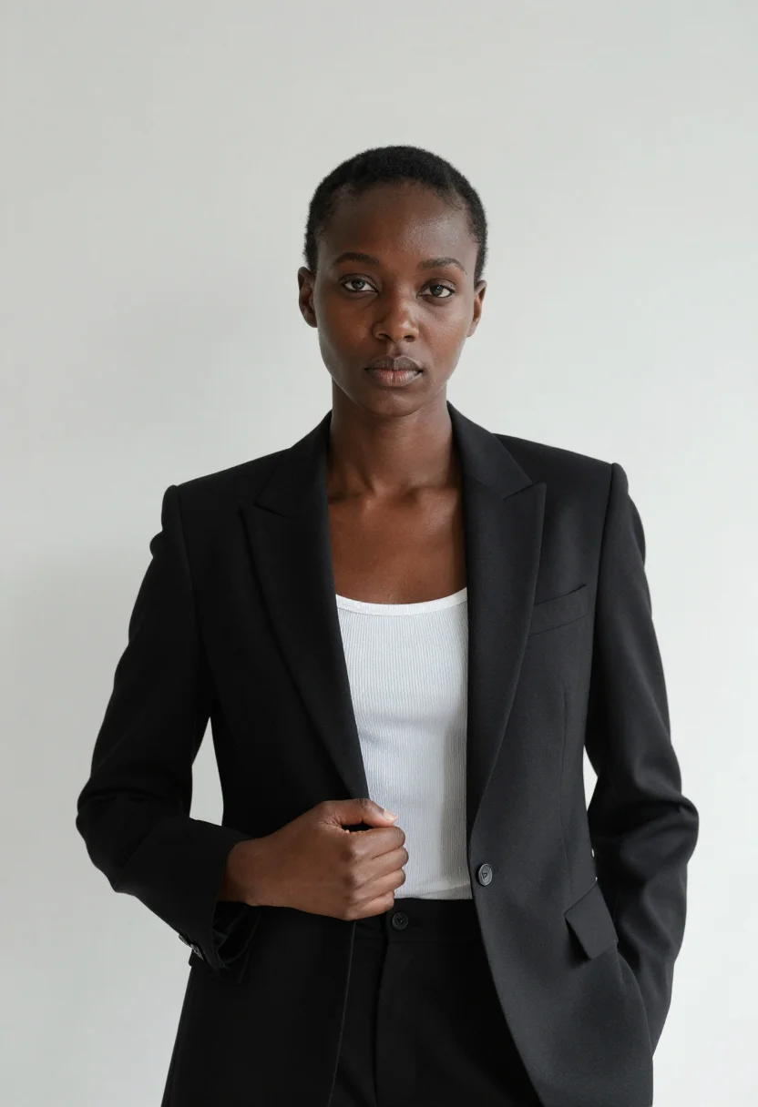 AI helmut lang sample — chest-up portrait of a Black woman in her early thirties, de