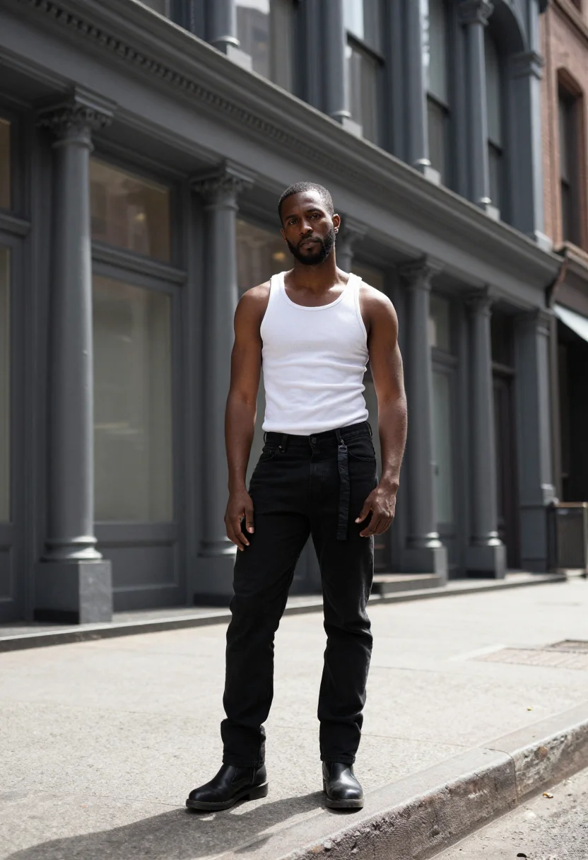 AI helmut lang sample — full-length wide portrait of a Black man in his late twentie