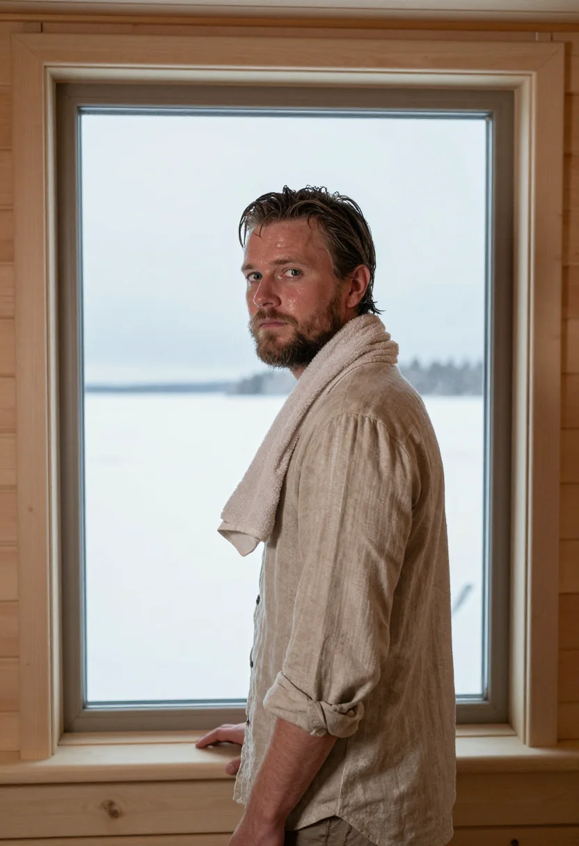 AI helsinki sauna birch steam sample — portrait of a man, framed half-length, the crop at the waist