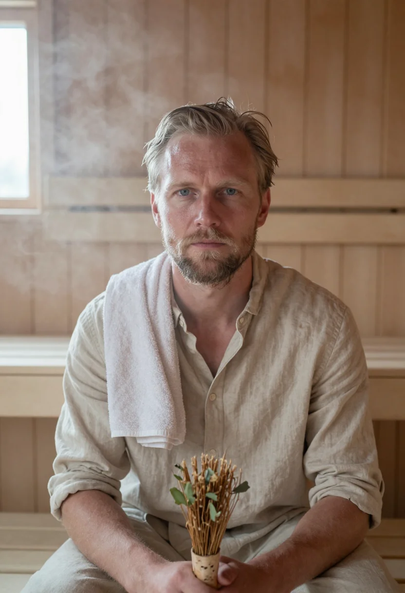 AI helsinki sauna birch steam sample — portrait of a man, framed tight, head and shoulders, the bod