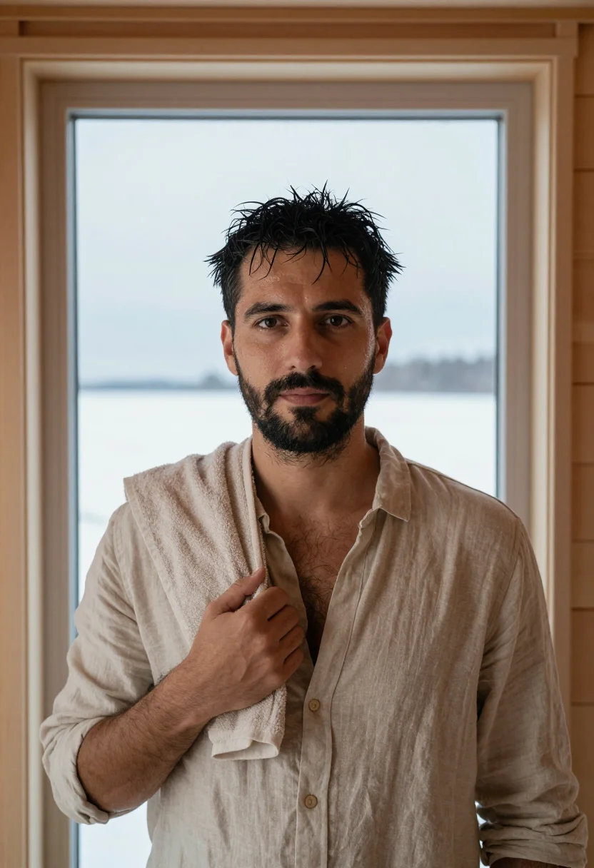 AI helsinki sauna birch steam sample — portrait of a man, framed chest-up, the crop stopping at the