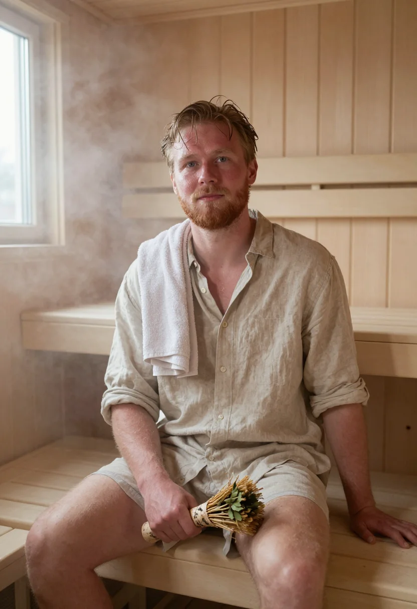 AI helsinki sauna birch steam sample — portrait of a man, framed half-length, the crop at the waist
