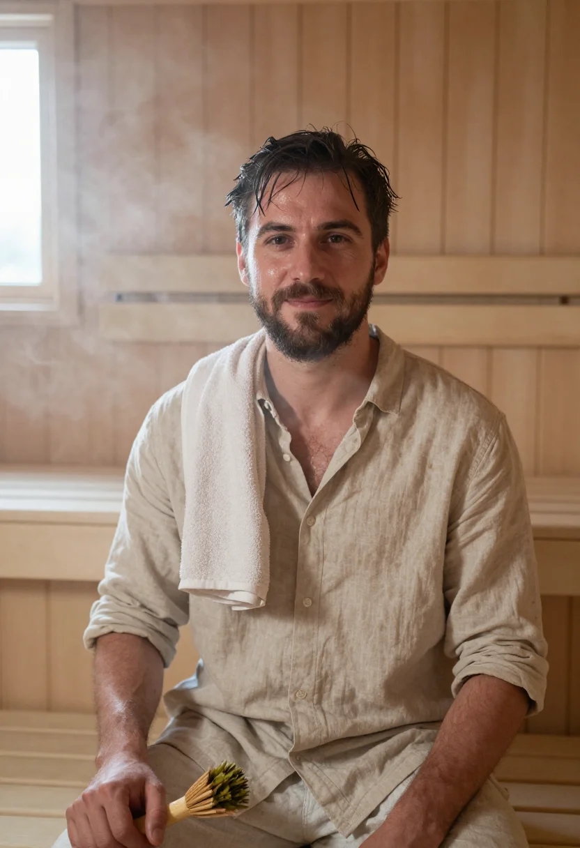 AI helsinki sauna birch steam sample — portrait of a man, framed chest-up, the crop stopping at the
