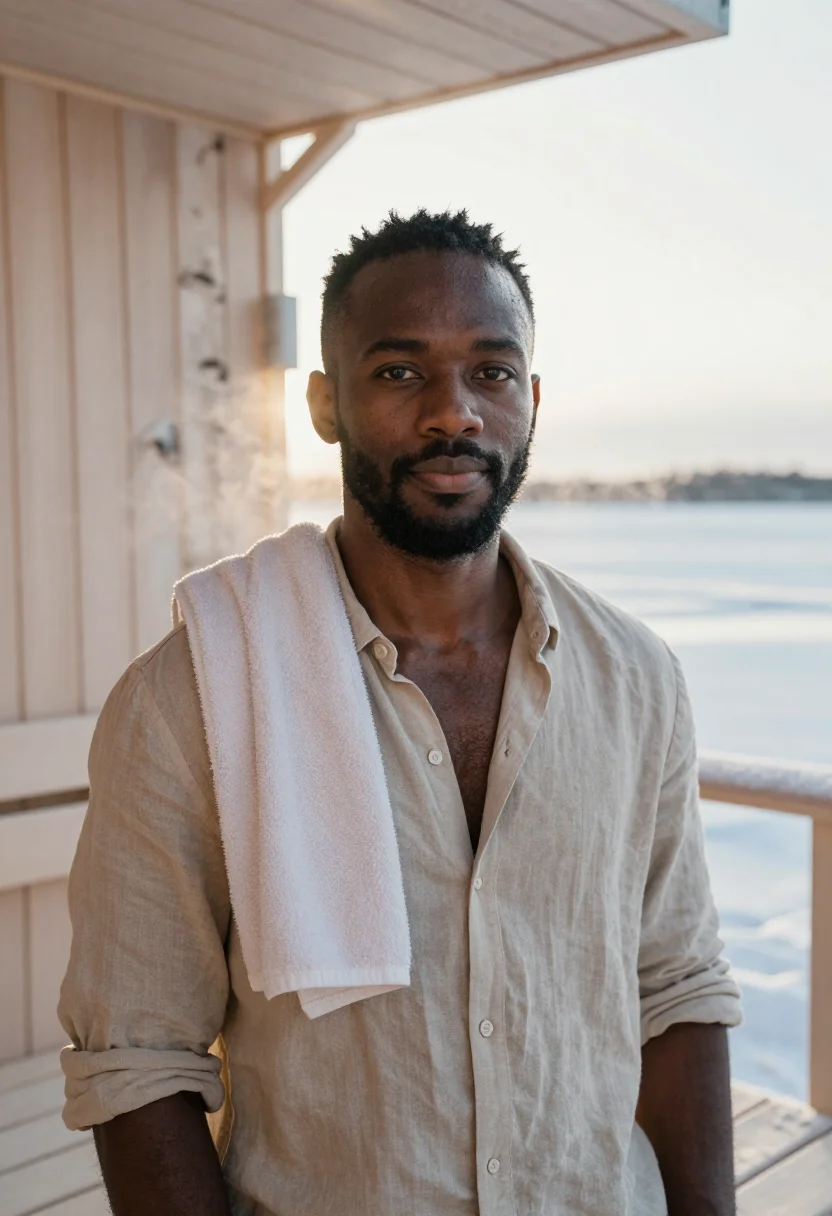 AI helsinki sauna birch steam sample — portrait of a man, framed tight, head and shoulders, the bod