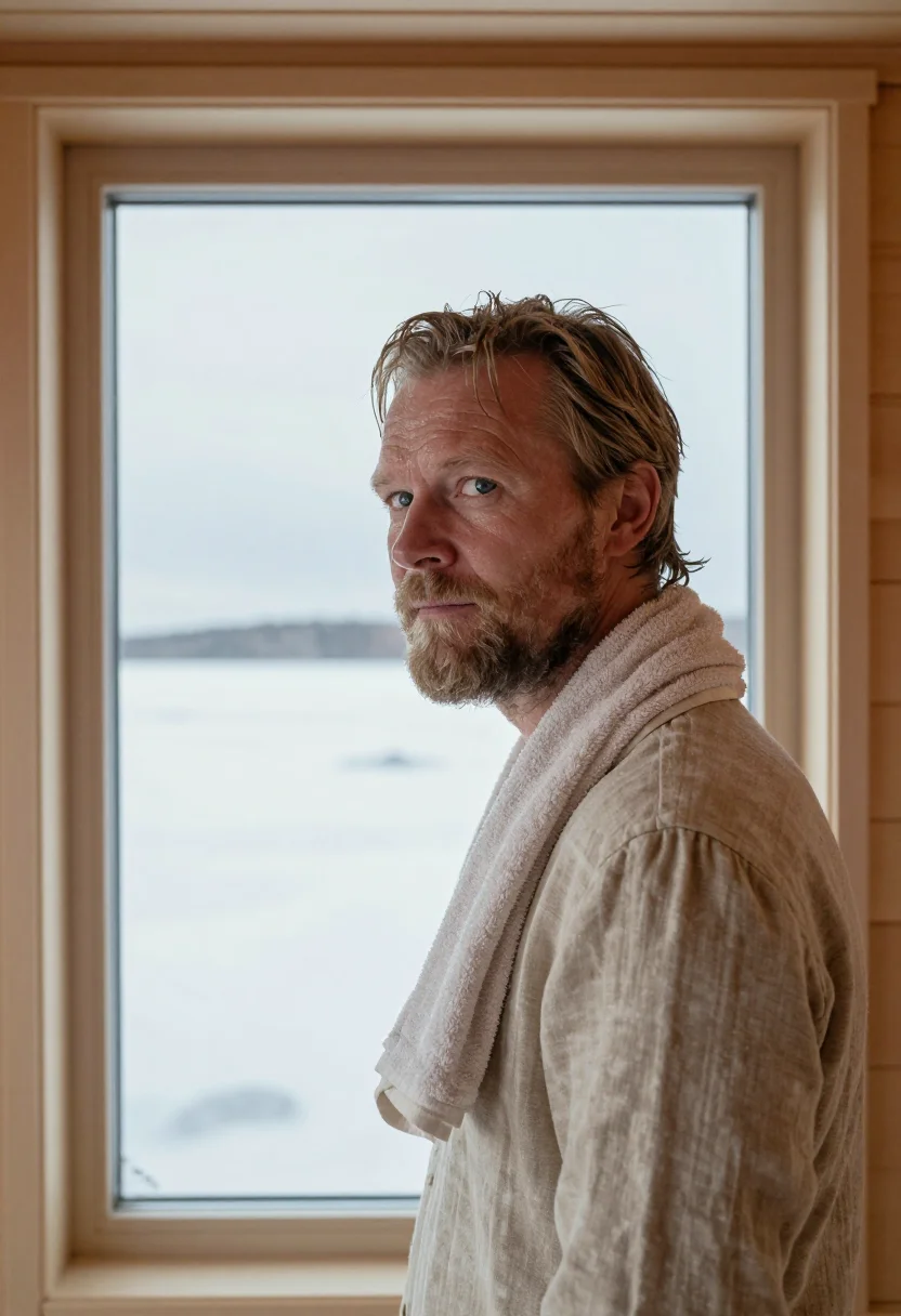 AI helsinki sauna birch steam sample — portrait of a man, framed tight, head and shoulders, the bod