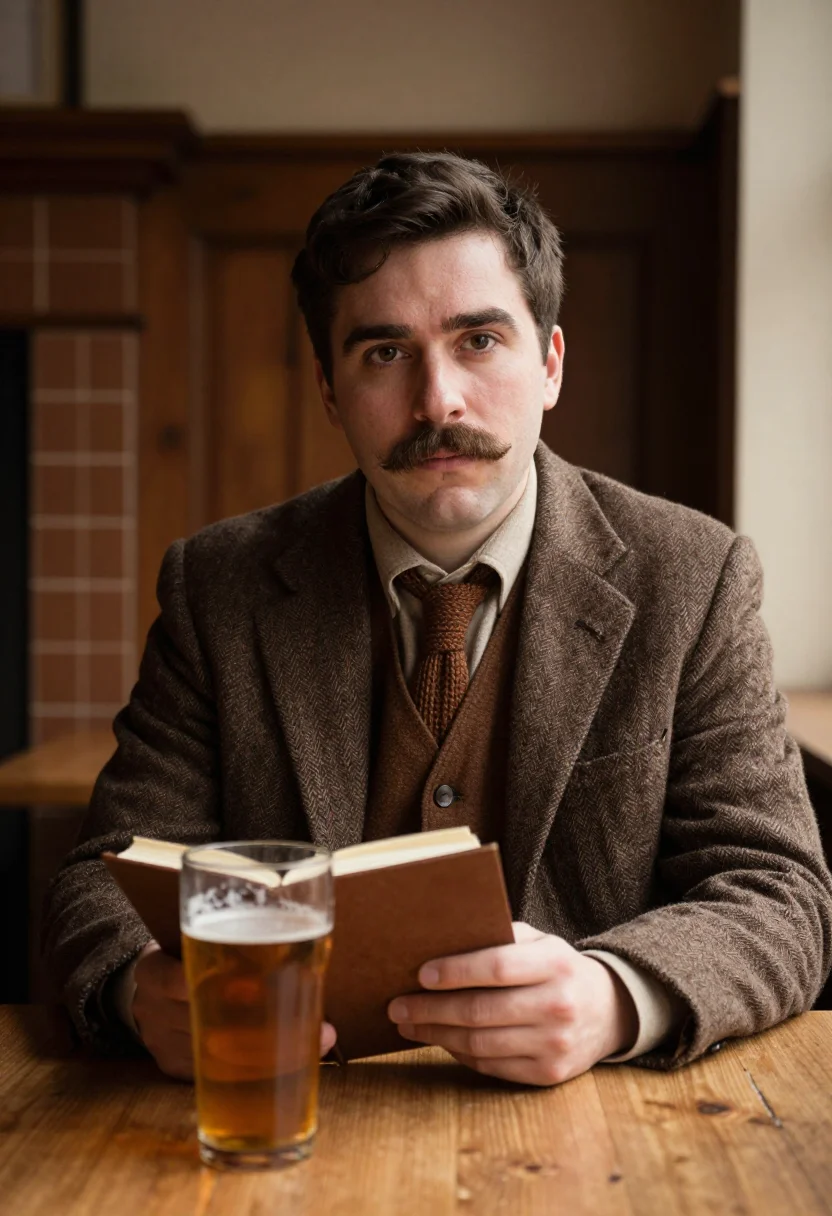AI hemingway schruns tweed sample — portrait of a man, framed tight, head and shoulders, the bod
