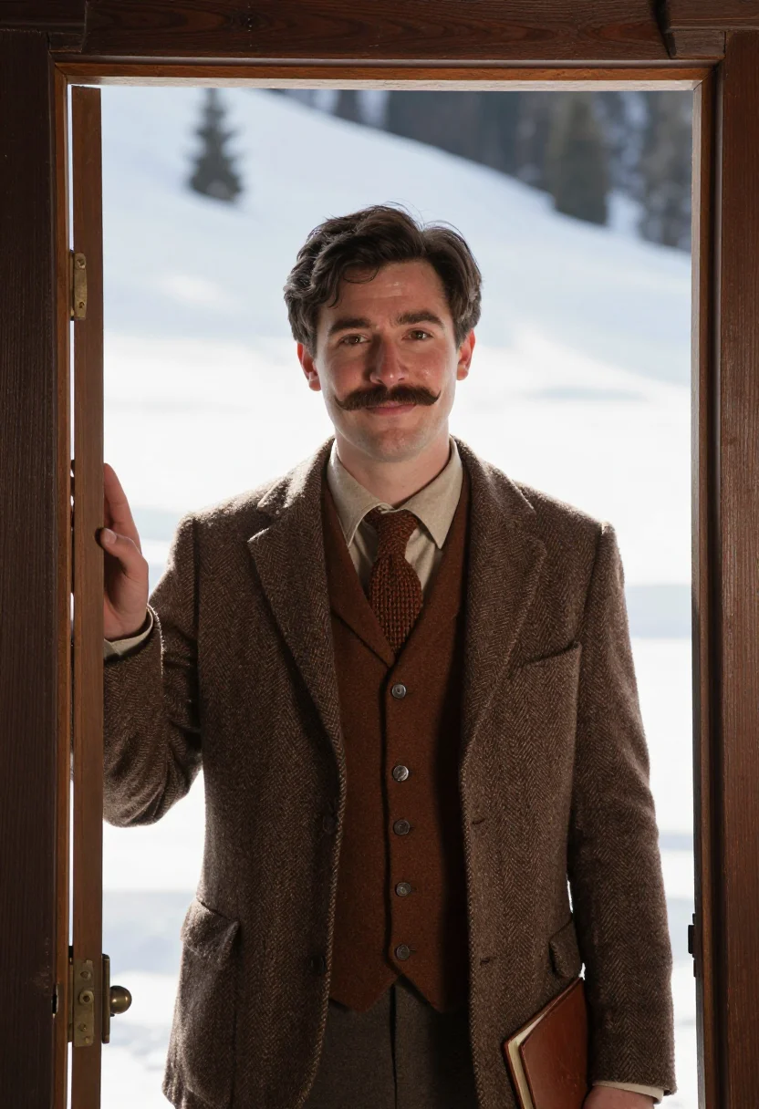 AI hemingway schruns tweed sample — portrait of a man, framed chest-up to the ribs, the body clo