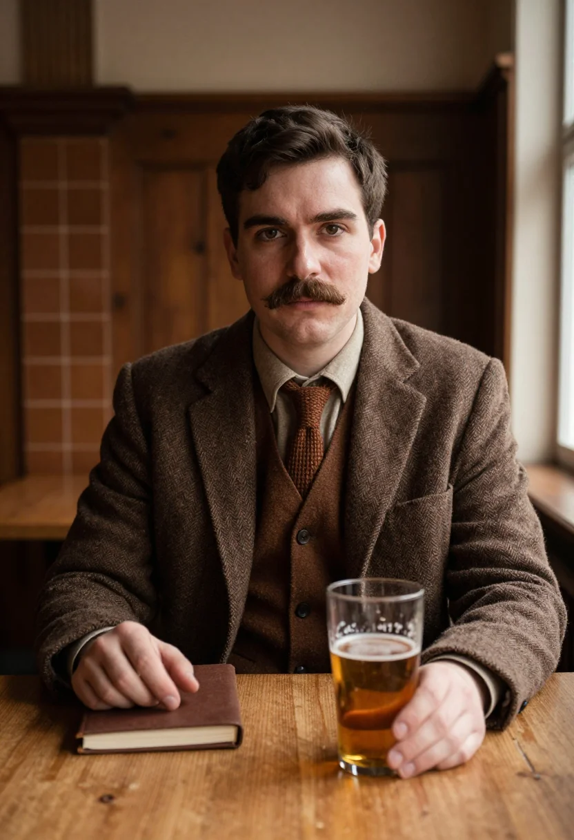 AI hemingway schruns tweed sample — portrait of a man, framed chest-up to the ribs, the body clo