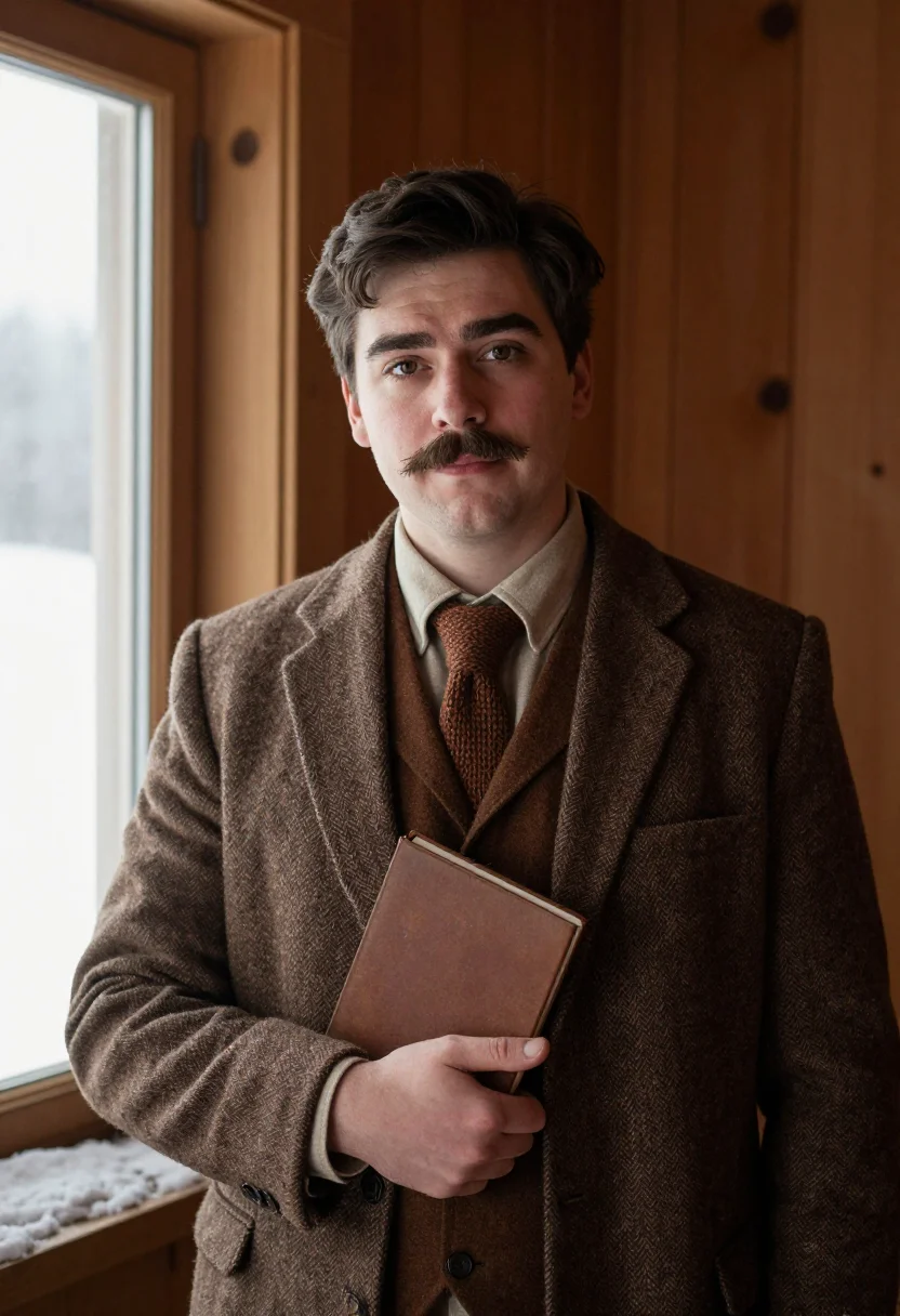 AI hemingway schruns tweed sample — portrait of a man, framed chest-up to the ribs, the body clo