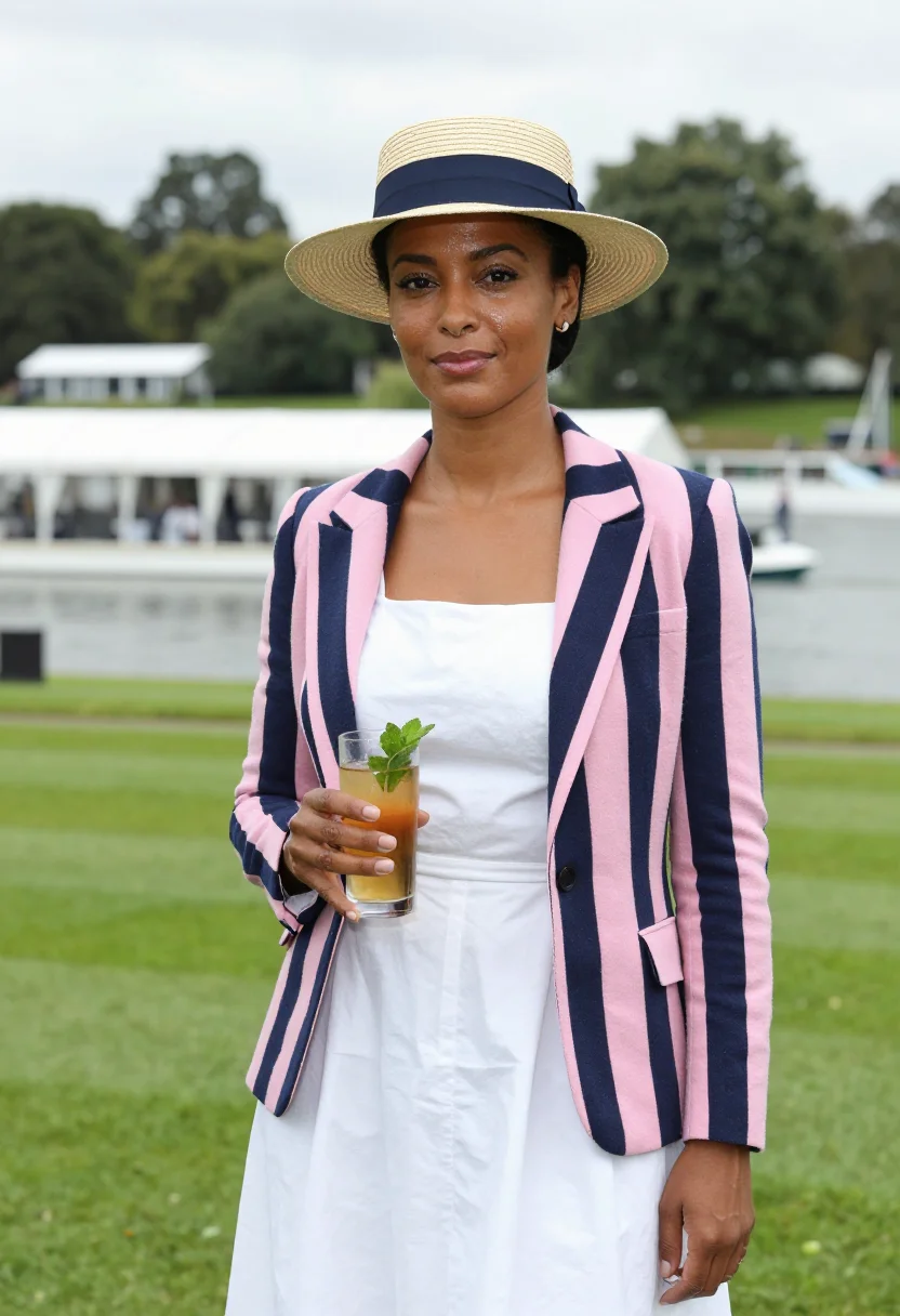 AI henley royal regatta stewards enclosure stripe palette sample — portrait of a woman, a regatta guest in her thirties with de