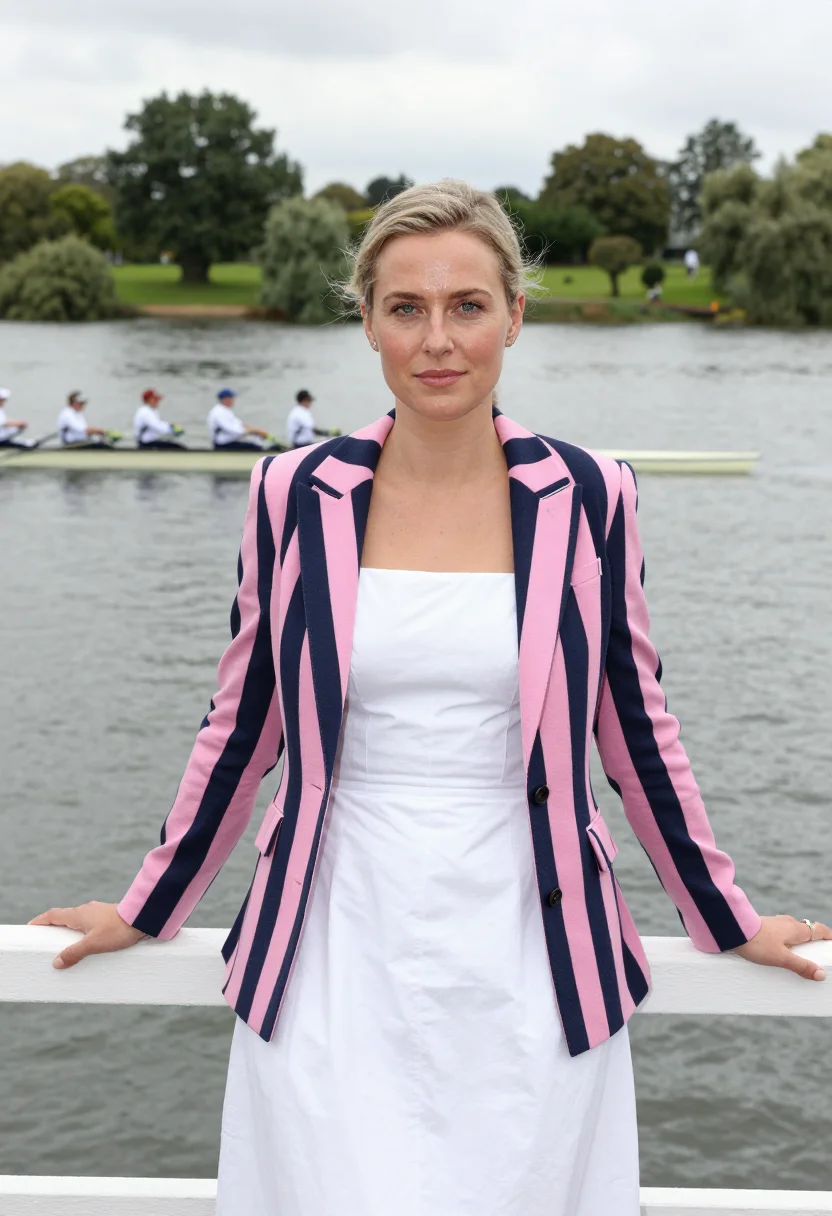 AI henley royal regatta stewards enclosure stripe palette sample — portrait of a woman, a regatta guest in her early thirties w