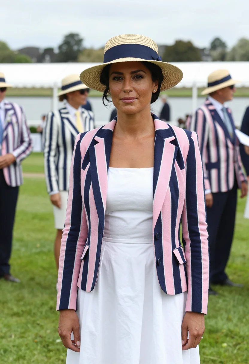 AI henley royal regatta stewards enclosure stripe palette sample — portrait of a woman, a regatta guest in her thirties with ho