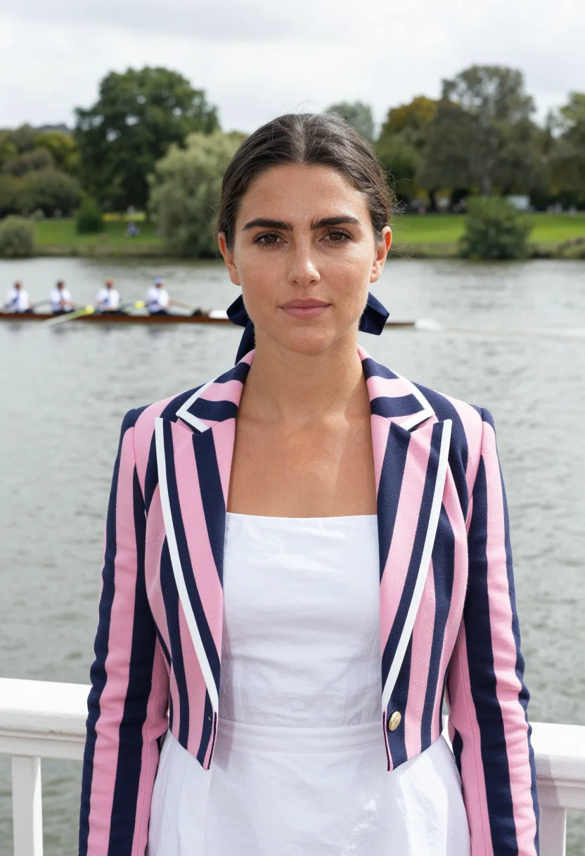AI henley royal regatta stewards enclosure stripe palette sample — portrait of a woman, a regatta guest in her mid-twenties wit