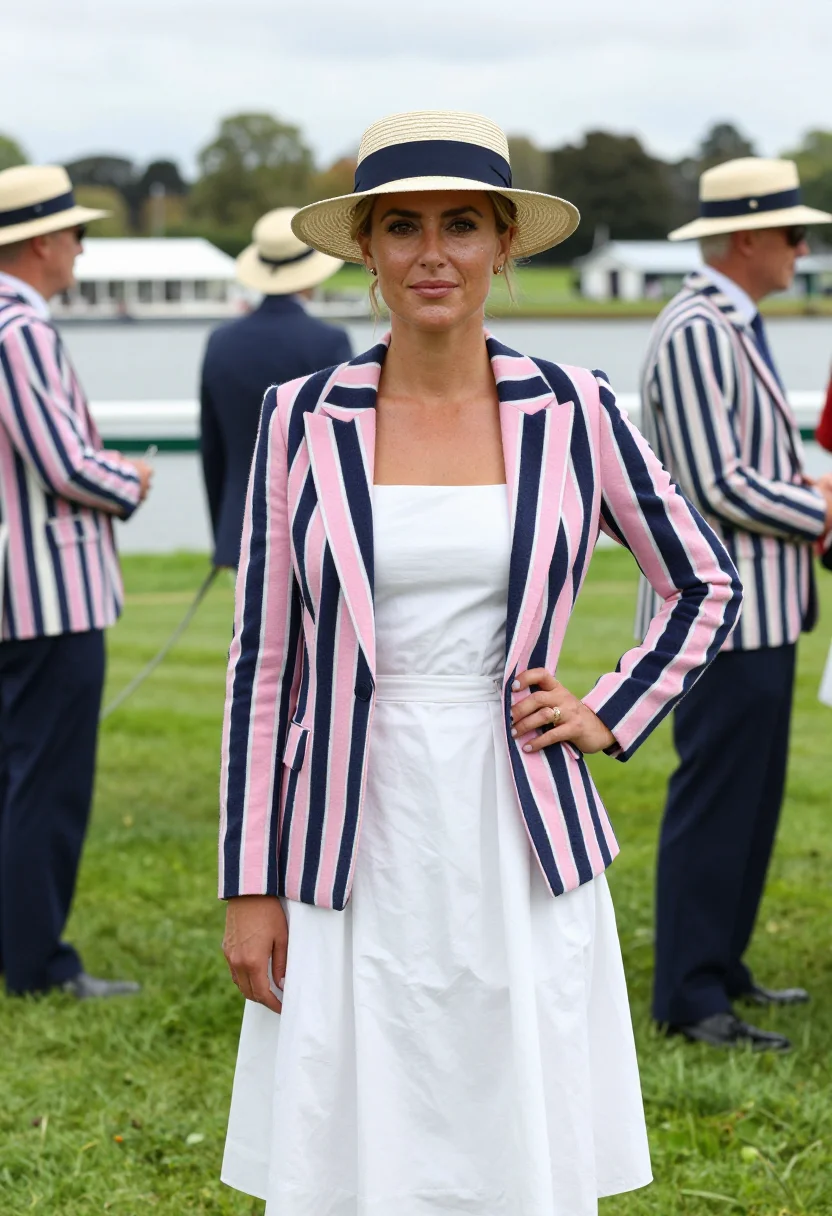 AI henley royal regatta stewards enclosure stripe palette sample — portrait of a woman, a regatta guest in her mid-thirties wit