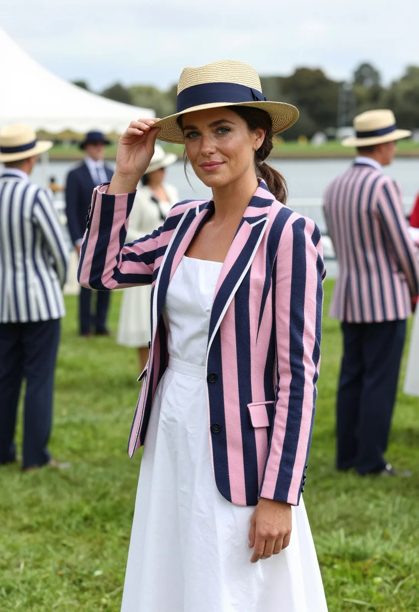 AI henley royal regatta stewards enclosure stripe palette sample — portrait of a woman, a regatta guest in her late twenties wi