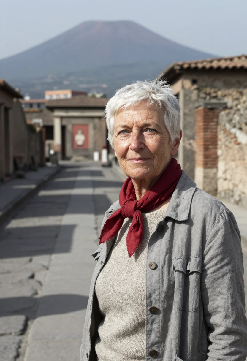 AI herculaneum archaeologist ash pompeian red sample — portrait of a woman, in her sixties with weathered fair skin