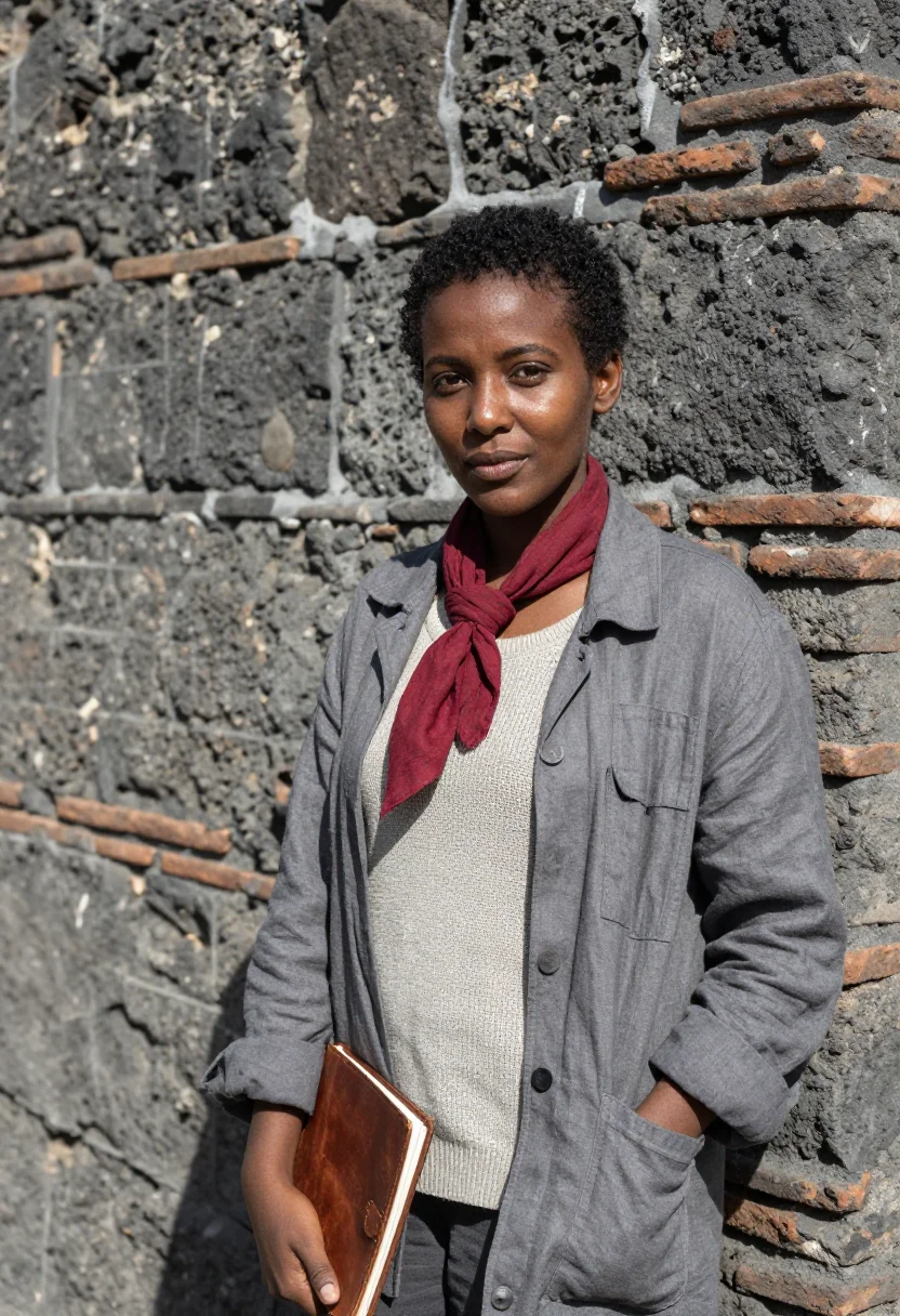 AI herculaneum archaeologist ash pompeian red sample — portrait of a woman, of Eritrean descent in her early thirti