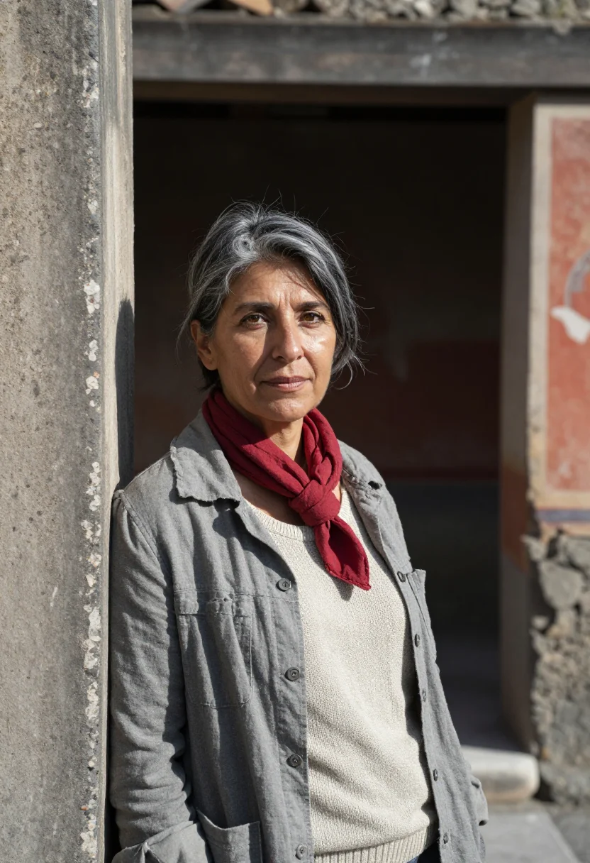 AI herculaneum archaeologist ash pompeian red sample — portrait of a woman, in her fifties with warm olive skin, br