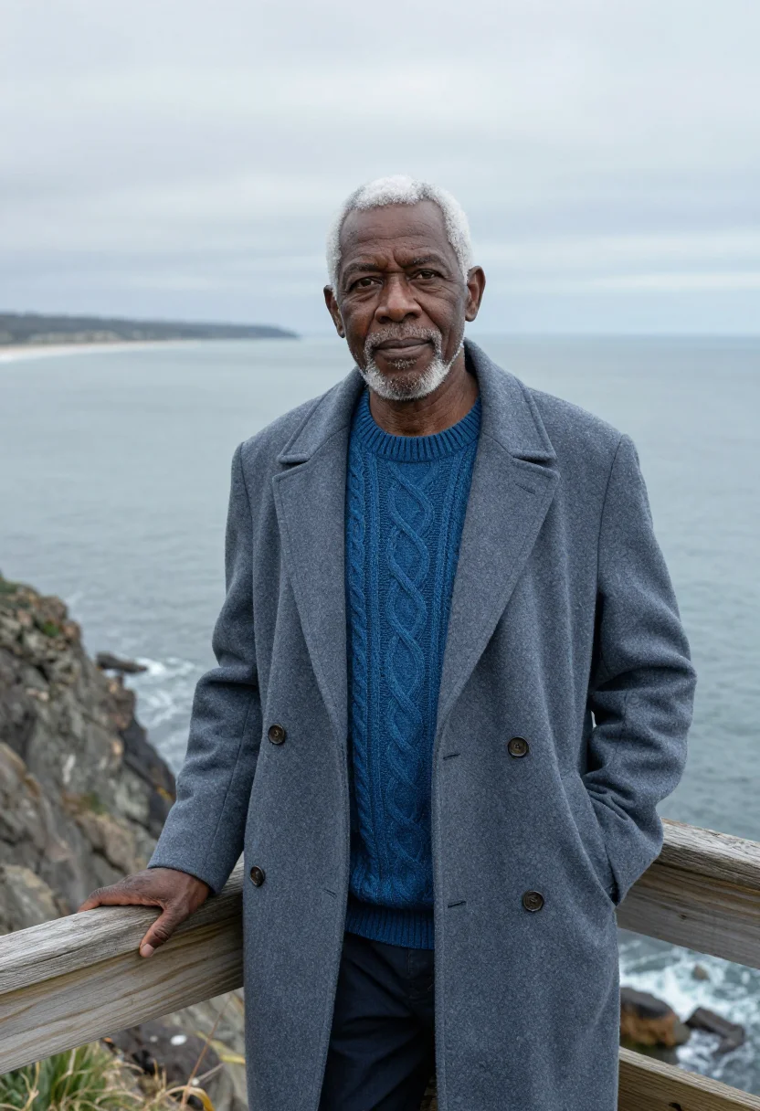 AI hermanus whale researcher cliff grey blue sample — portrait of a man, a Zulu whale researcher in his early sixt