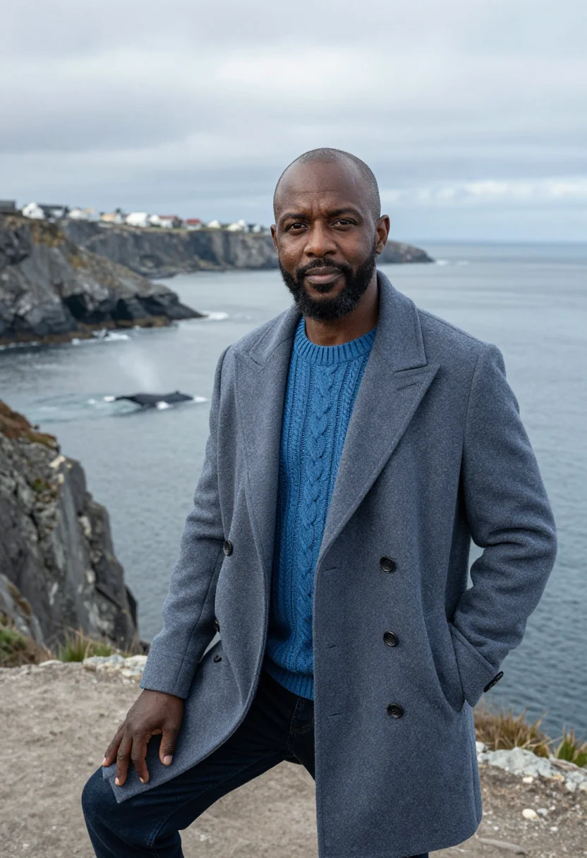 AI hermanus whale researcher cliff grey blue sample — portrait of a man, a Black South African whale researcher in