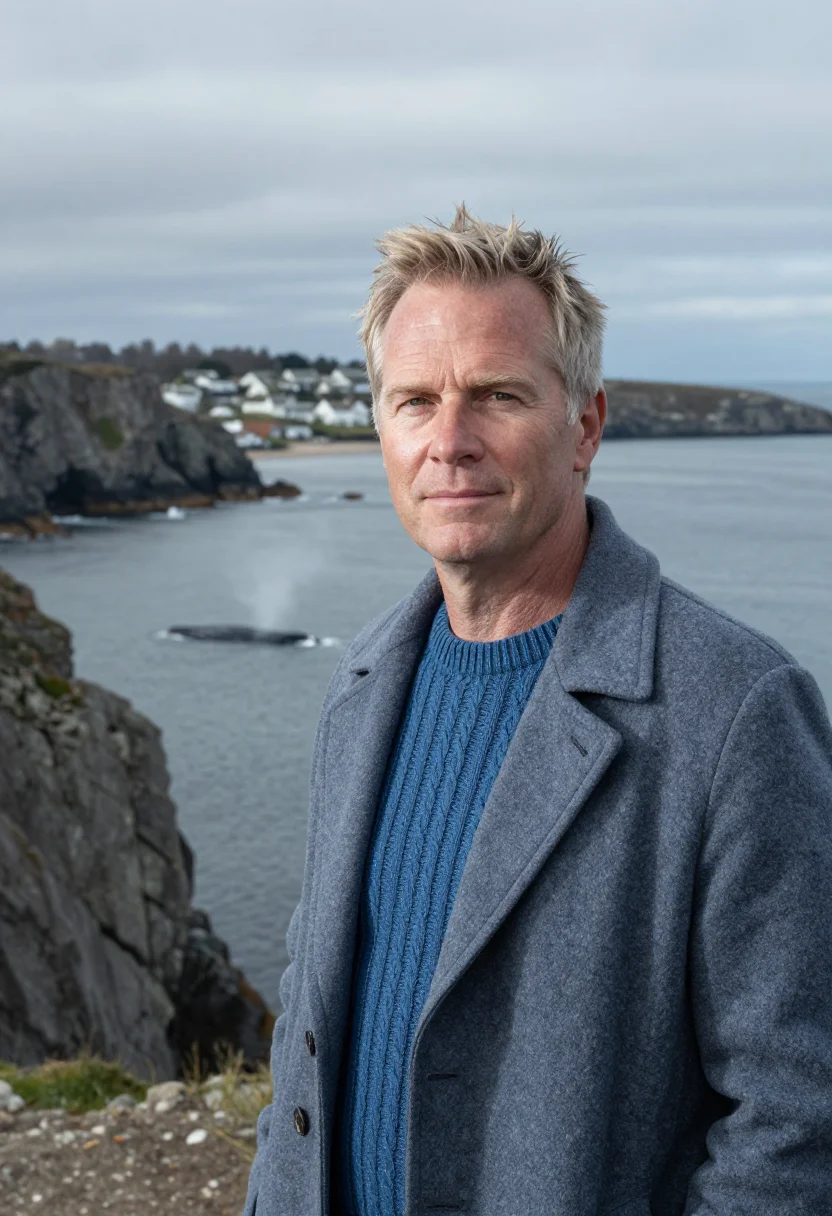 AI hermanus whale researcher cliff grey blue sample — portrait of a man, a Afrikaner whale researcher in his early