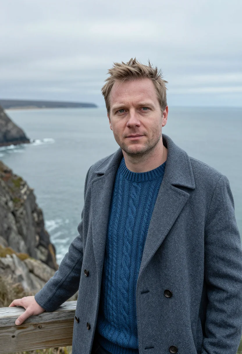 AI hermanus whale researcher cliff grey blue sample — portrait of a man, a Western-European whale researcher in hi