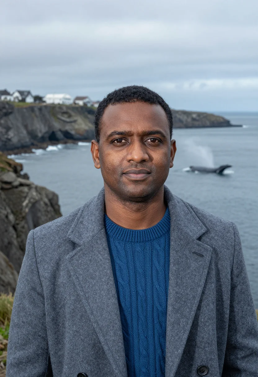 AI hermanus whale researcher cliff grey blue sample — portrait of a man, a South African Indian whale researcher i