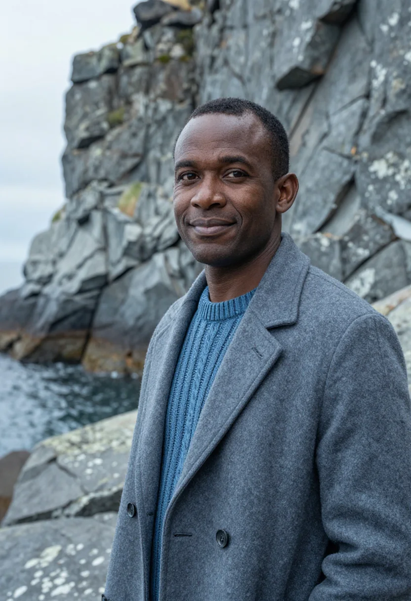AI hermanus whale researcher cliff grey blue sample — portrait of a man, a Xhosa whale researcher in his late thir