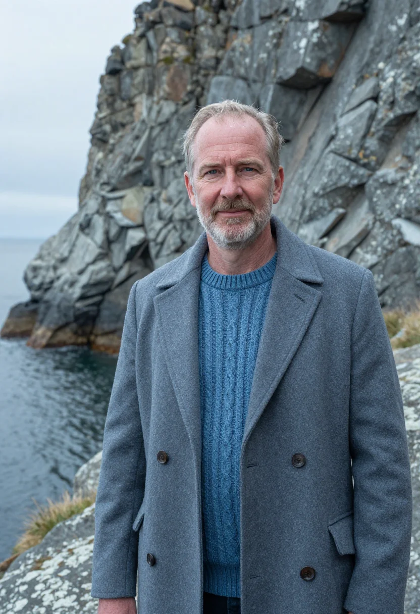 AI hermanus whale researcher cliff grey blue sample — portrait of a man, a Afrikaner whale researcher in his mid-f