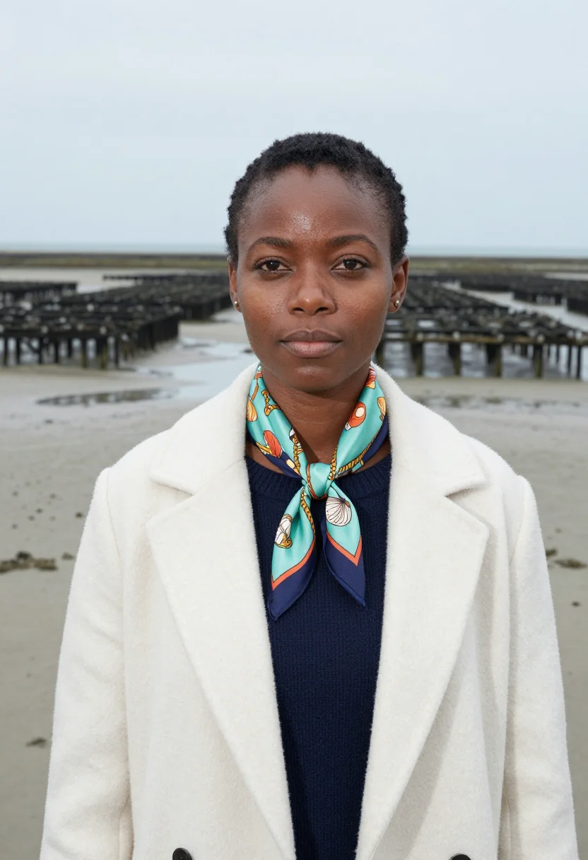 AI hermes cancale oyster beds carre sea palette sample — portrait of a woman, a French-Ivorian woman in her mid-thirt