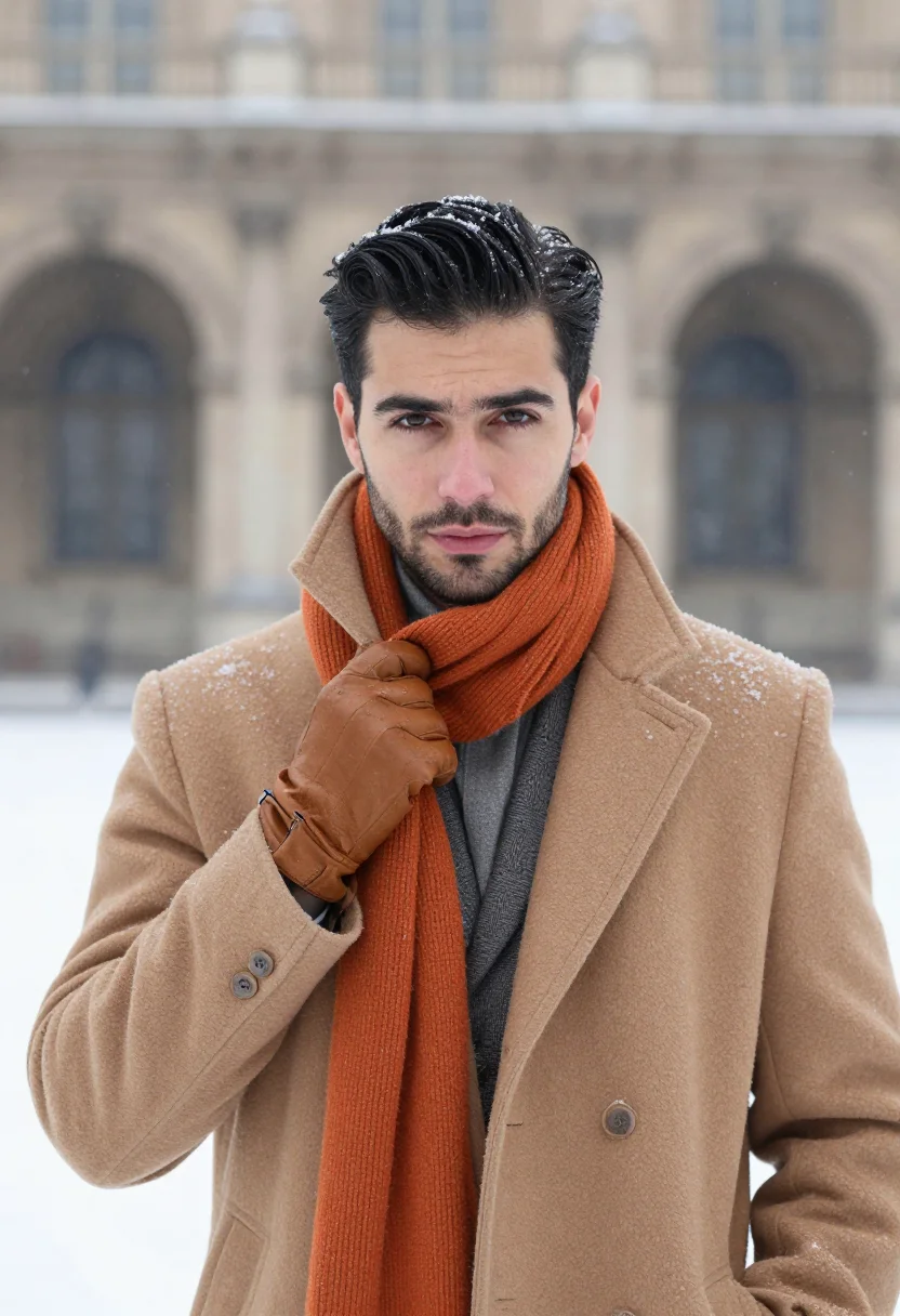 AI hermes faubourg hiver sample — portrait of a man, on Place Vendome in the first snow, a Wes