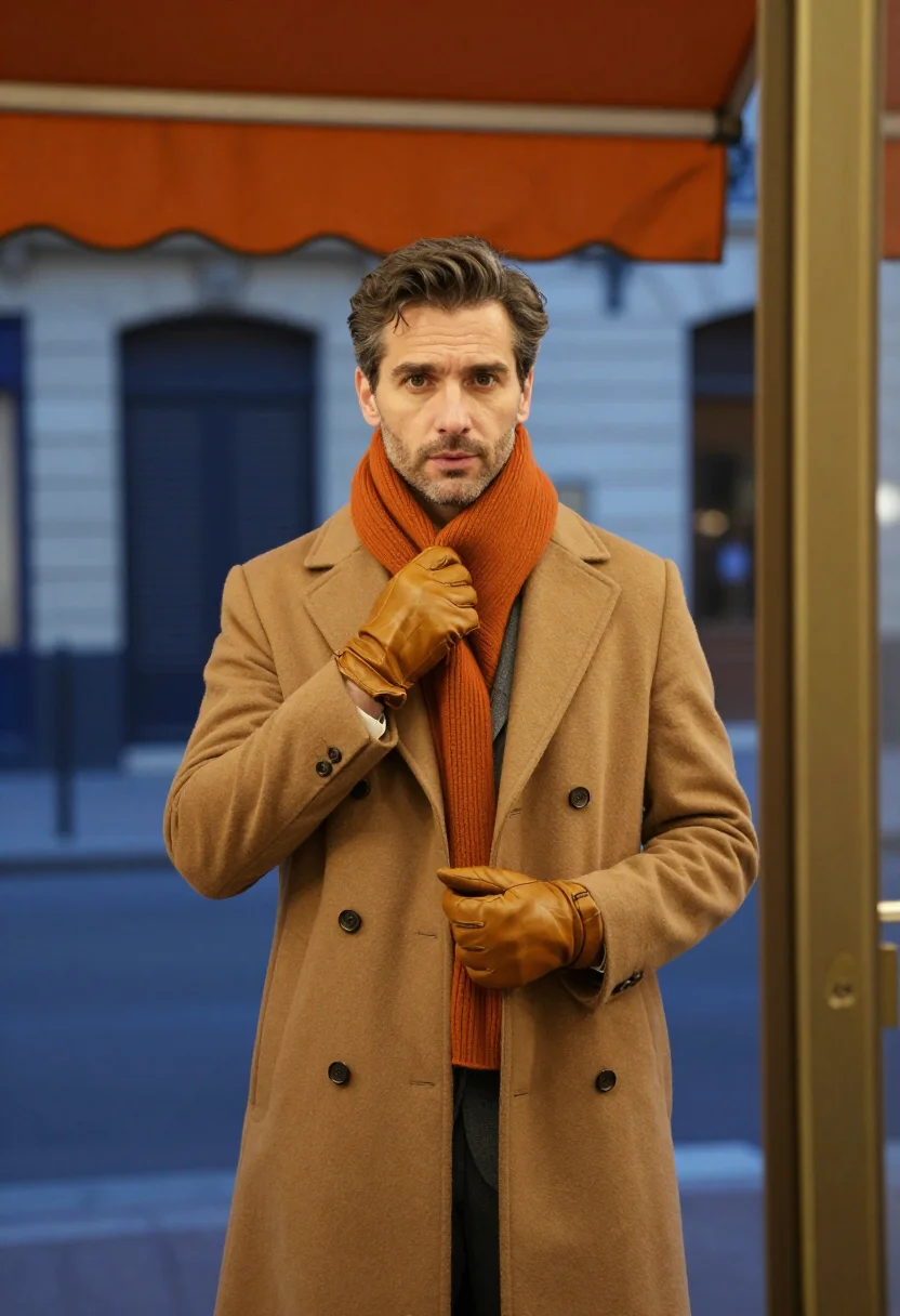 AI hermes faubourg hiver sample — portrait of a man, in the doorway of 24 Faubourg Saint-Honor