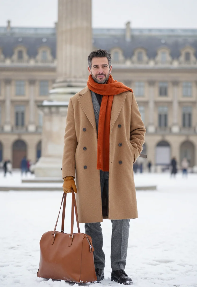 AI hermes faubourg hiver sample — portrait of a man, standing on Place Vendome in the first sn